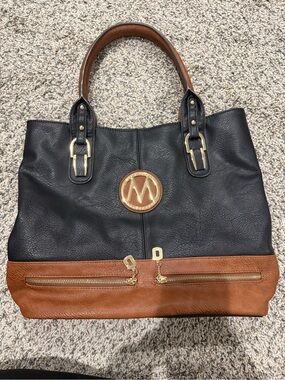 Mia K Farrow Black and Brown Two-Tone Leather Tote with Gold Accent